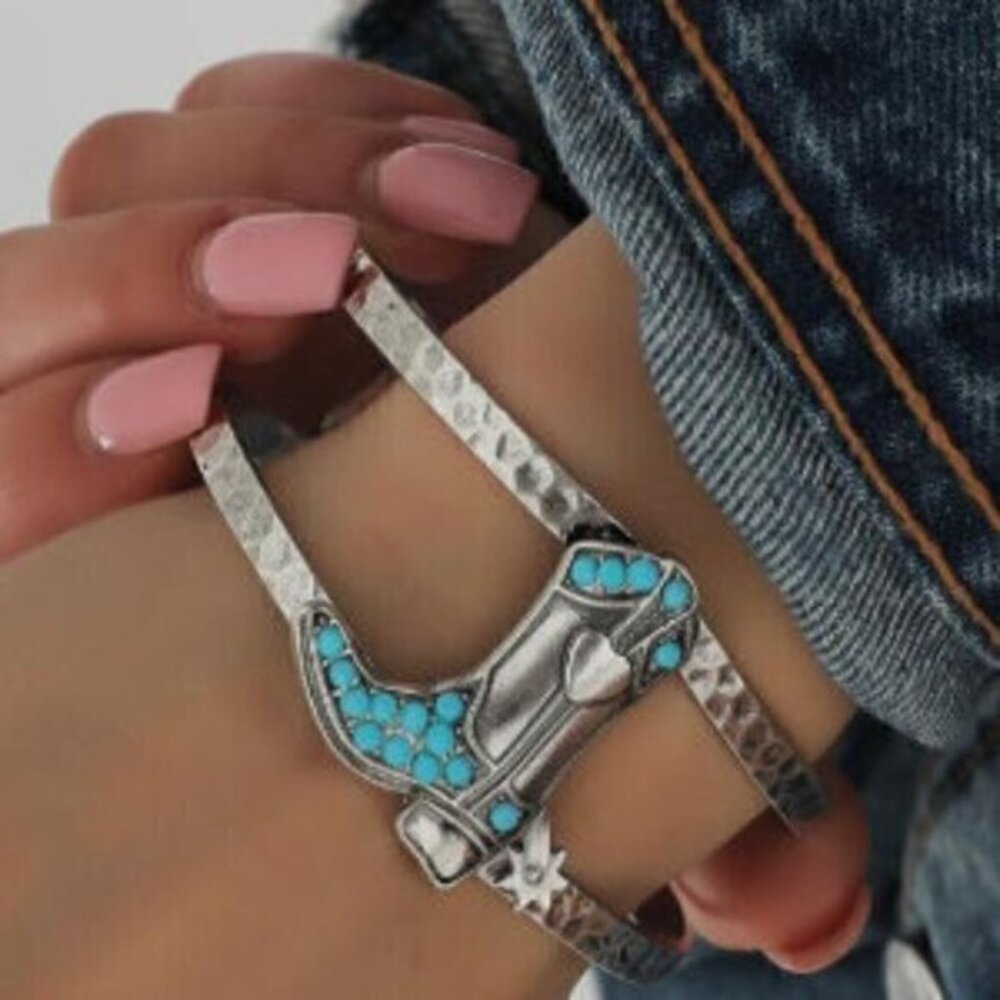 Western Cowboy Boot Turquoise Silver Bangle Bracelet